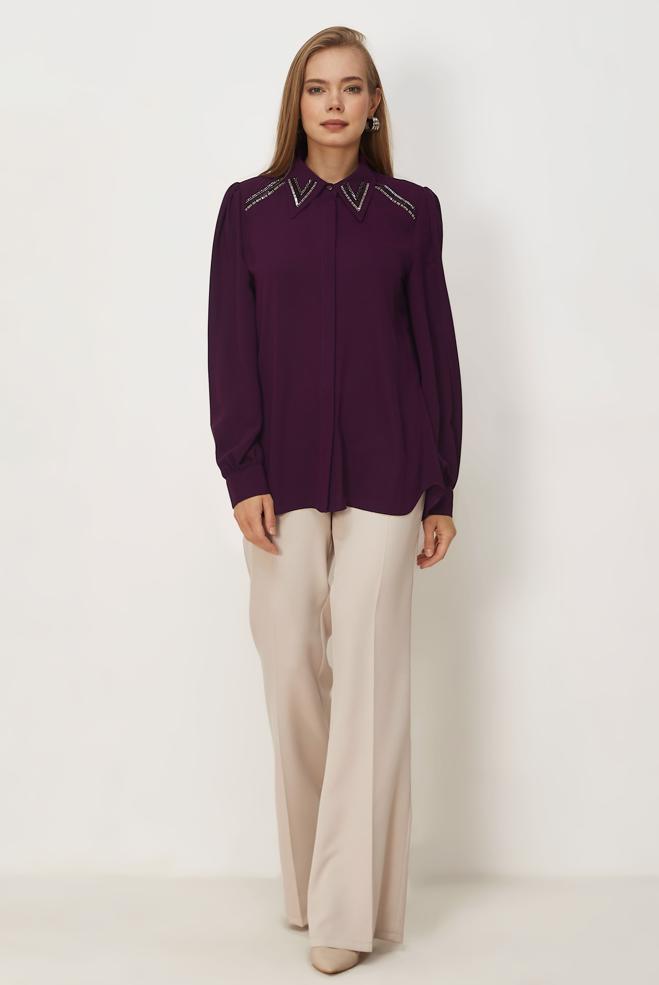 Vêtements hijab PRUNE CHEMISIER DÉTAILLÉ DE PERLES 45684 - ALVİNA