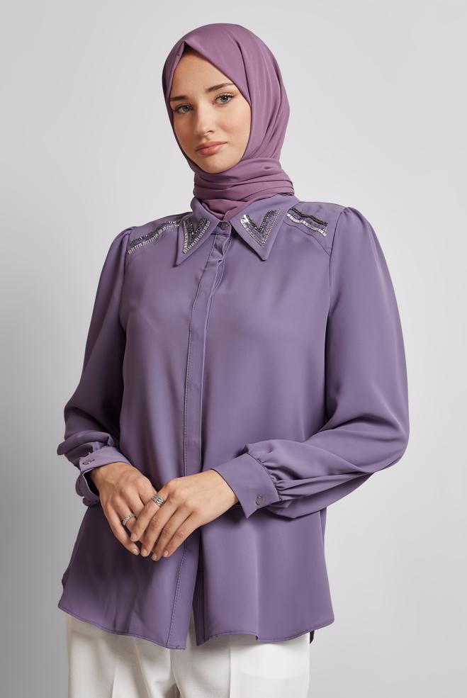 Tesettür giyim MOR BONCUK DETAYLI BLUZ 45684 - ALVİNA