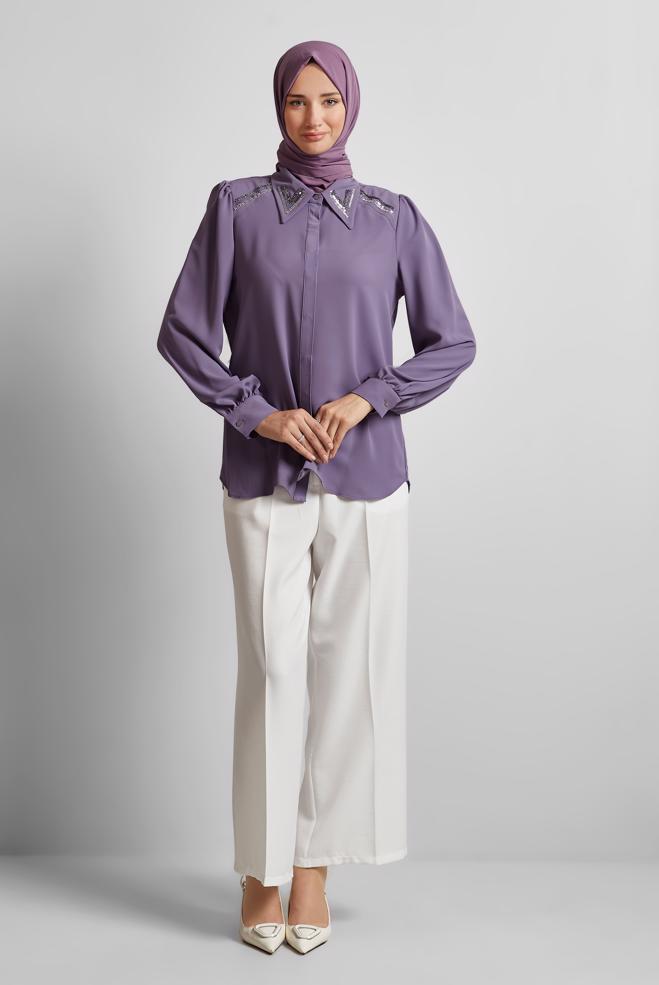 Tesettür giyim MOR BONCUK DETAYLI BLUZ 45684 - ALVİNA