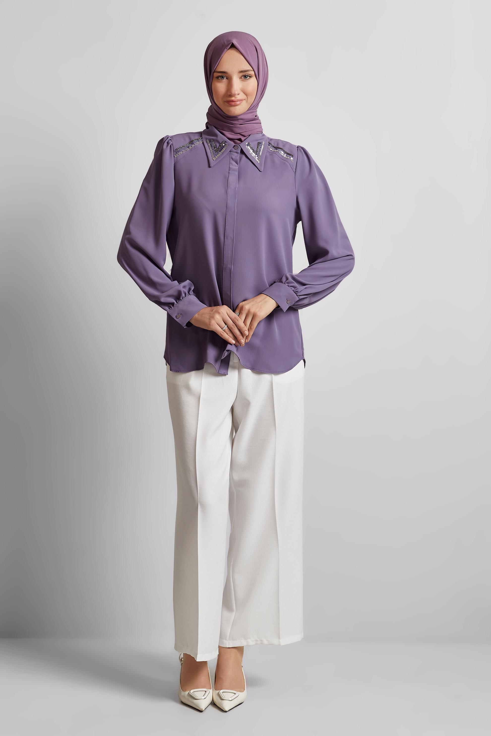 Tesettür giyim MOR BONCUK DETAYLI BLUZ 45684