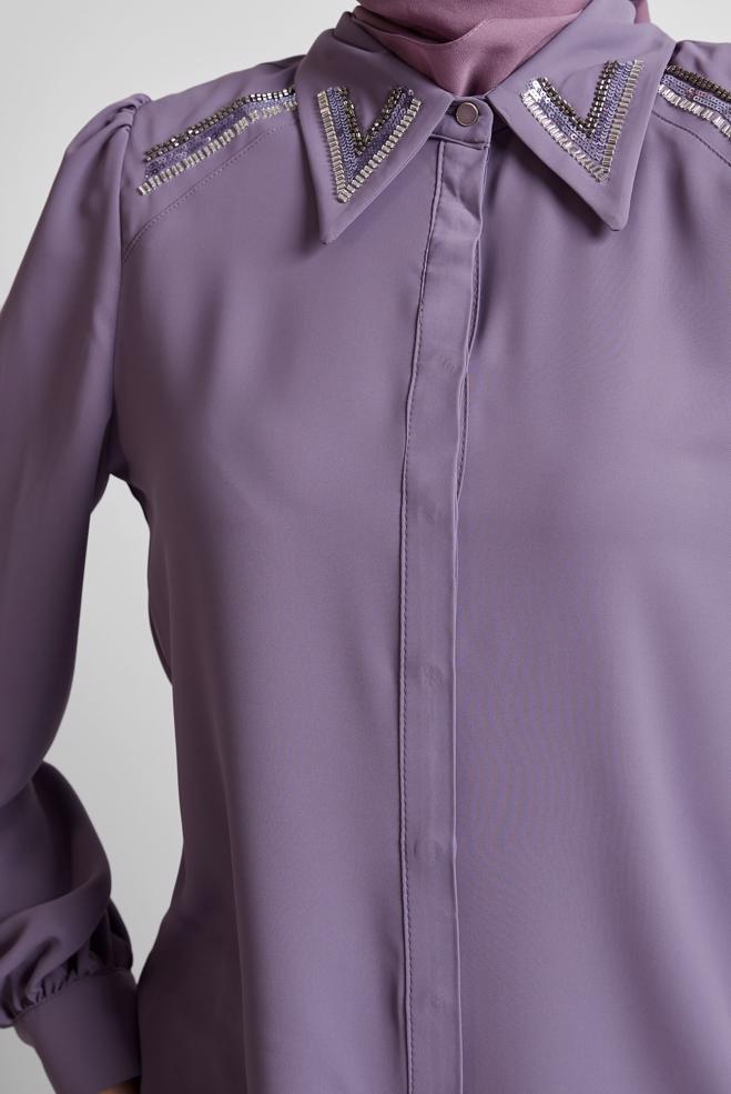 Tesettür giyim MOR BONCUK DETAYLI BLUZ 45684 - ALVİNA