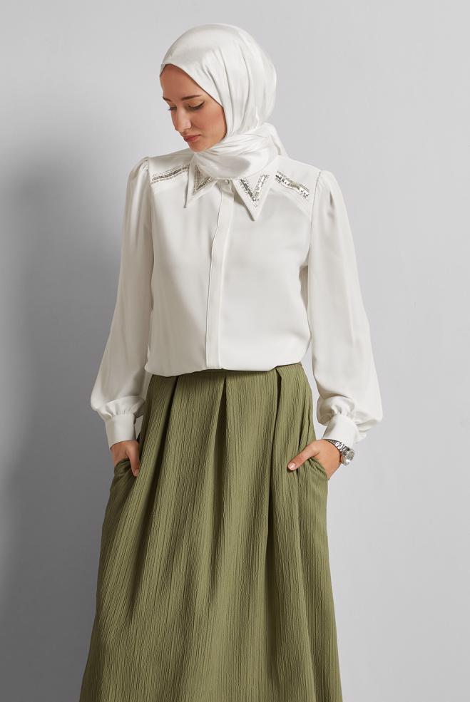 Tesettür giyim BEYAZ BONCUK DETAYLI BLUZ 45684 - ALVİNA