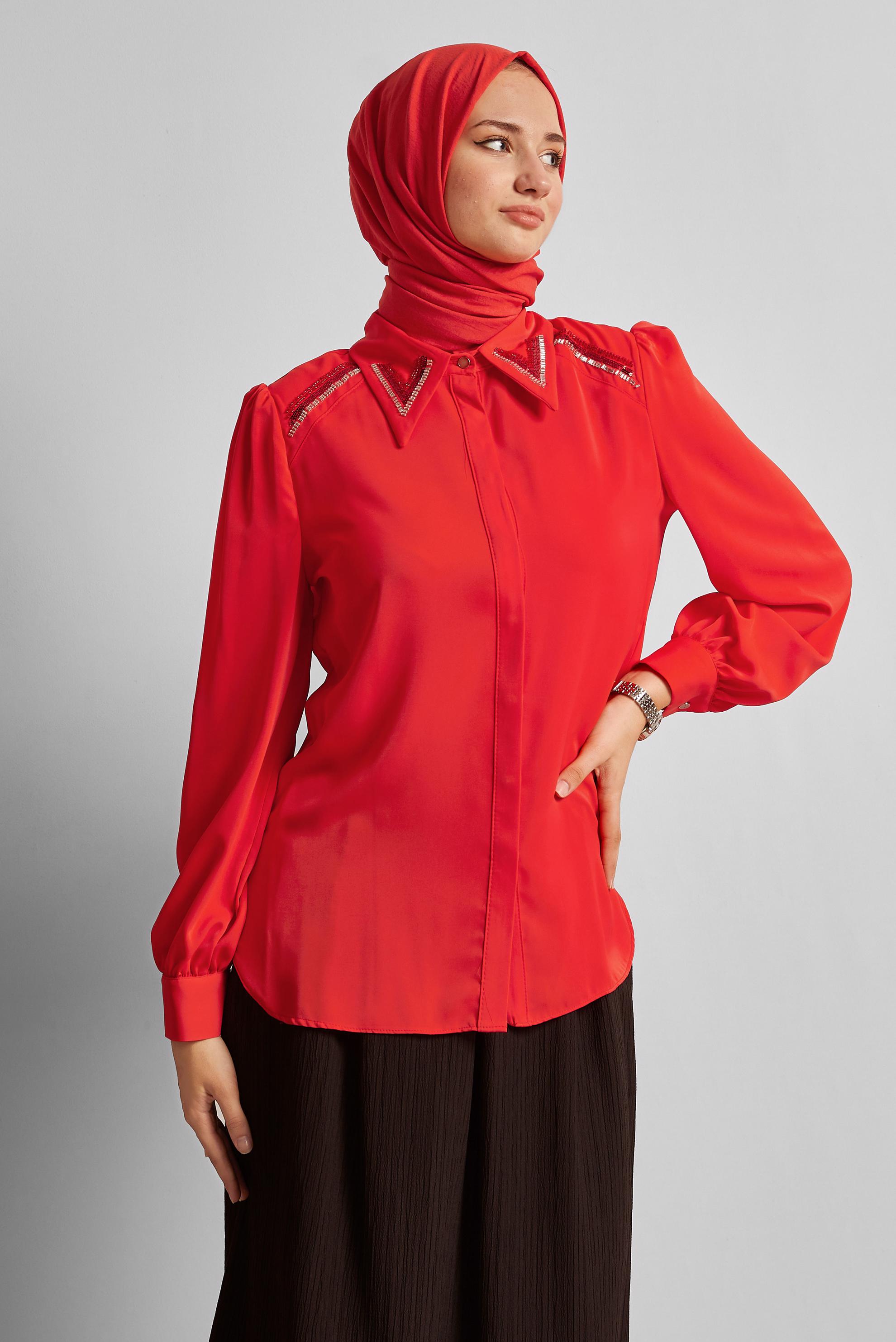 Hijab clothing RED BEAD DETAILED BLOUSE 45684