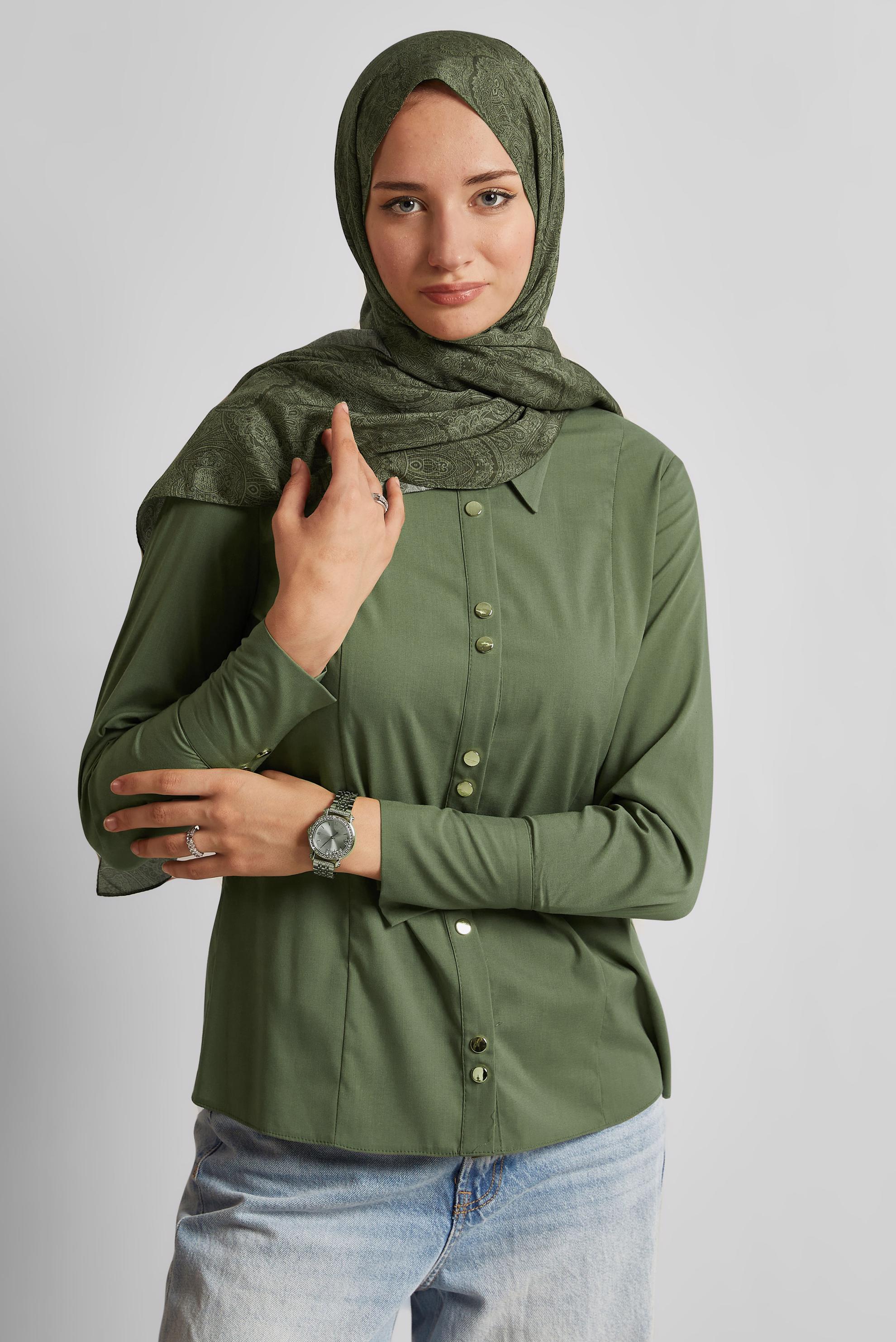 Tesettür giyim HAKİ GÖMLEK YAKA BLUZ 45711