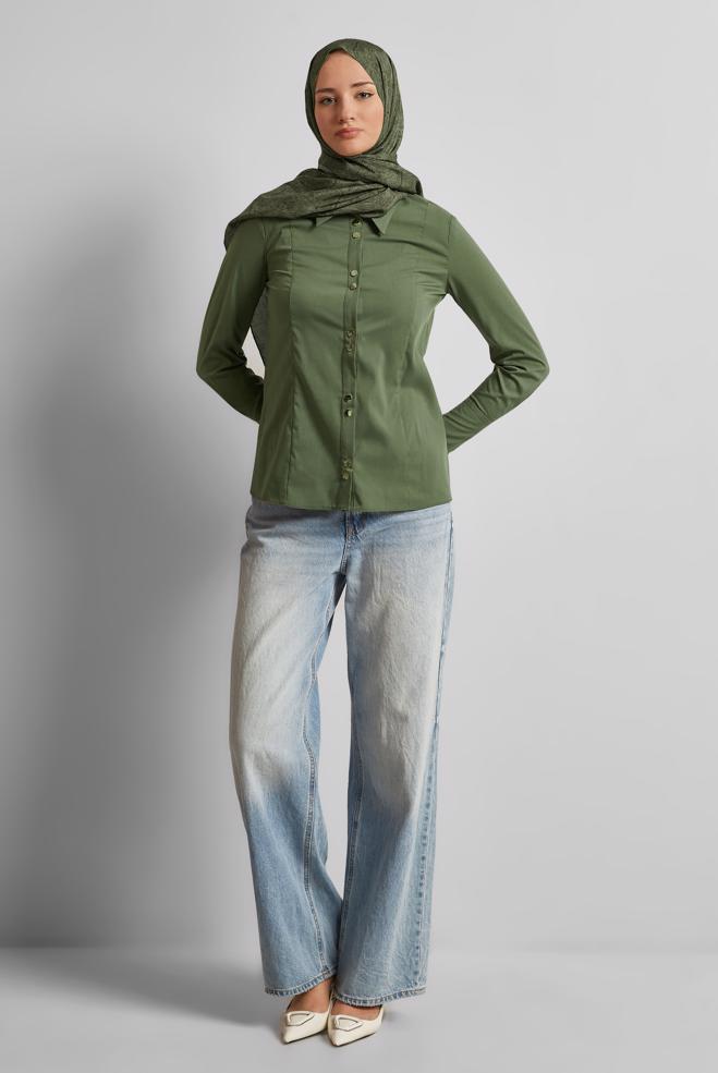 Tesettür giyim HAKİ GÖMLEK YAKA BLUZ 45711 - ALVİNA