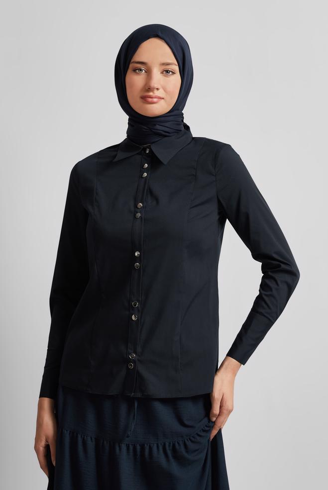 Tesettür giyim LACİVERT GÖMLEK YAKA BLUZ 45711 - ALVİNA