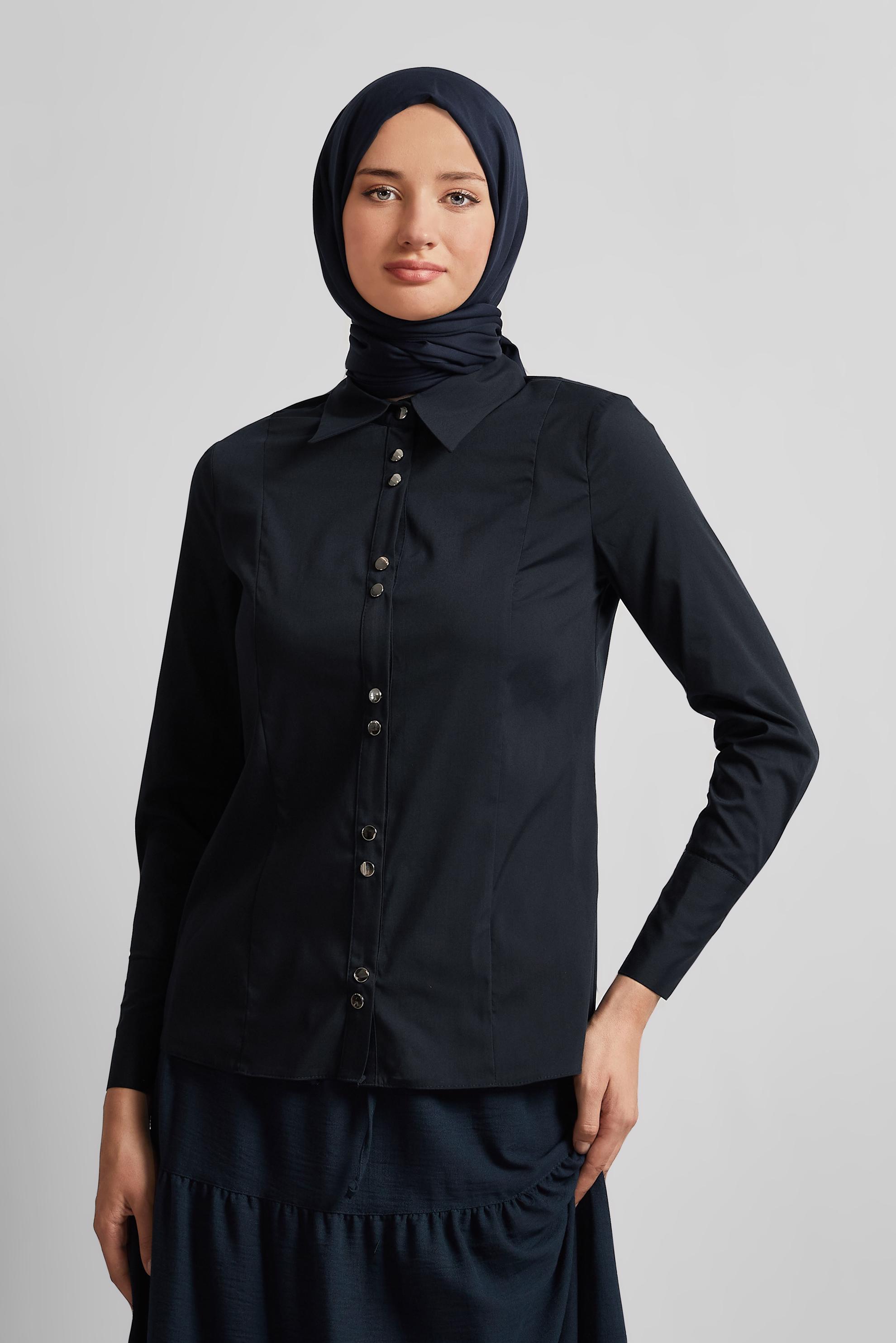 Tesettür giyim LACİVERT GÖMLEK YAKA BLUZ 45711
