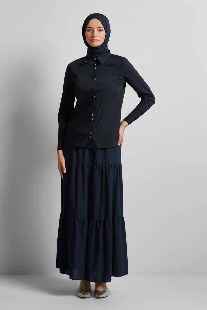Tesettür giyim LACİVERT GÖMLEK YAKA BLUZ 45711 - ALVİNA