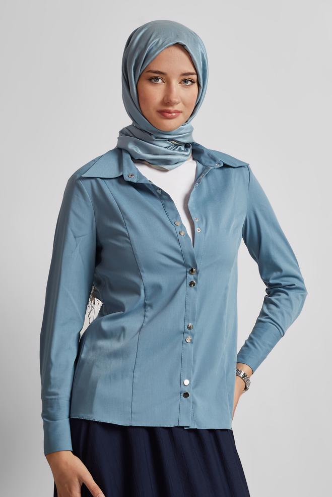 Tesettür giyim LACİVERT GÖMLEK YAKA BLUZ 45711 - ALVİNA