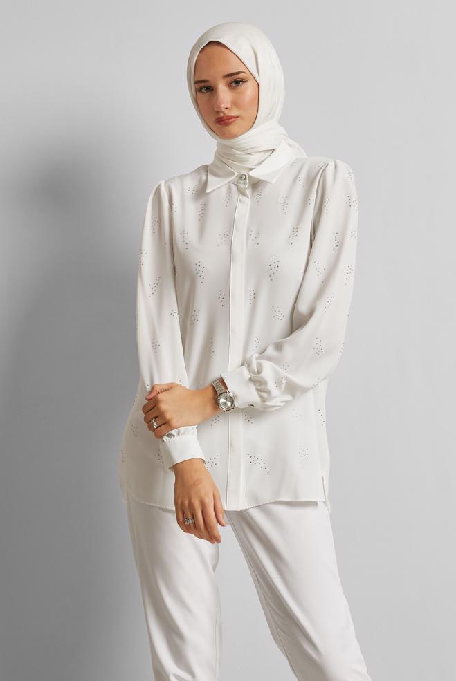 Tesettür giyim BEYAZ TAŞ BASKILI BLUZ 45721 - ALVİNA