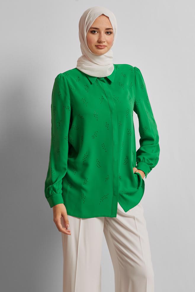 Tesettür giyim YEŞİL TAŞ BASKILI BLUZ 45721 - ALVİNA