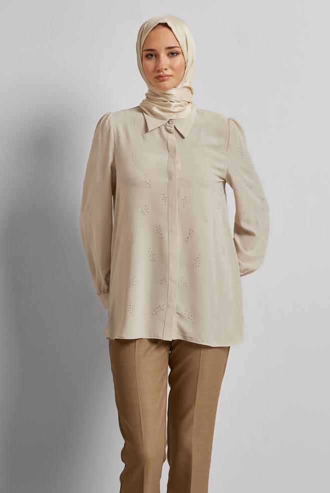 Tesettür giyim BEJ TAŞ BASKILI BLUZ 45721 - ALVİNA