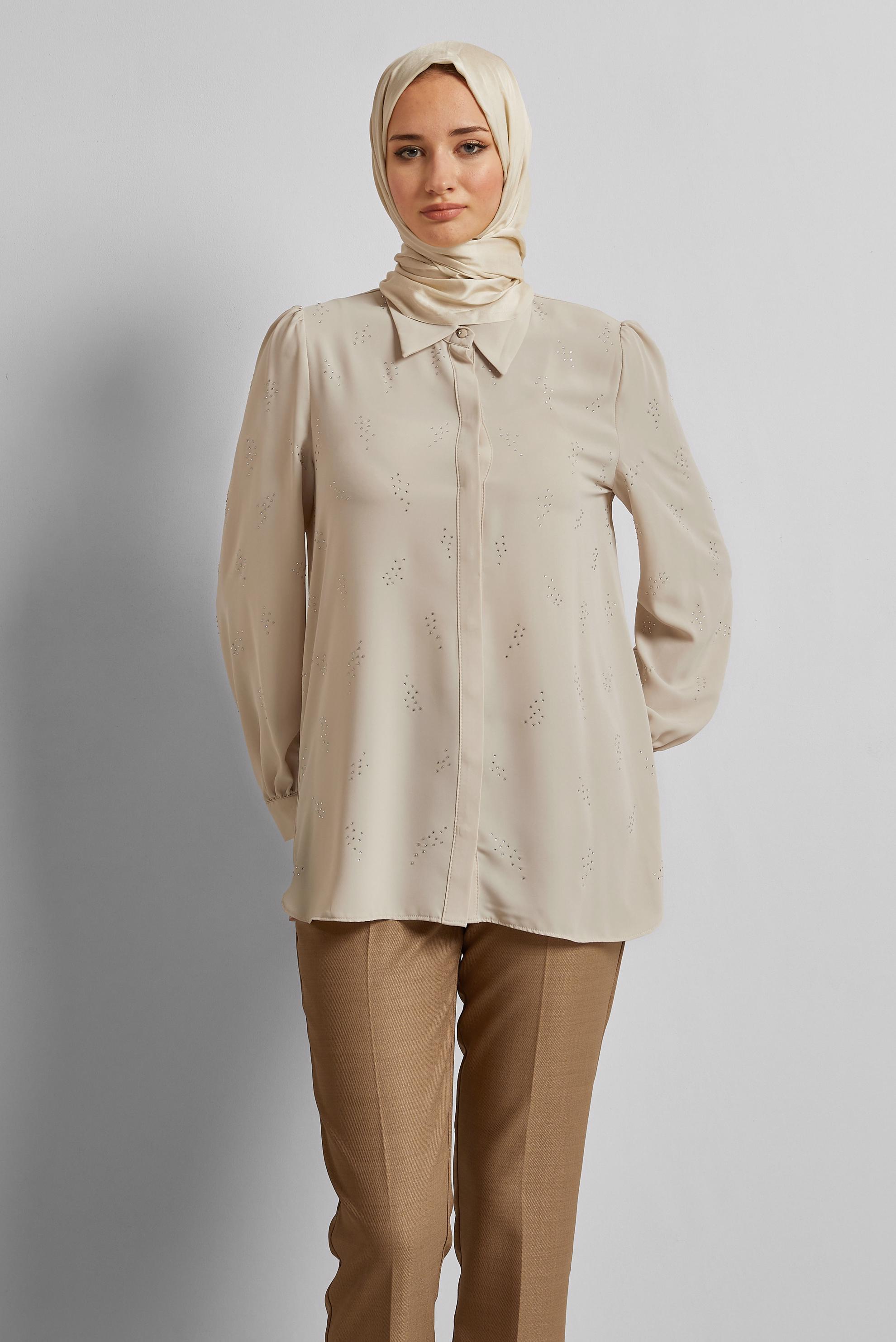 Tesettür giyim BEJ TAŞ BASKILI BLUZ 45721
