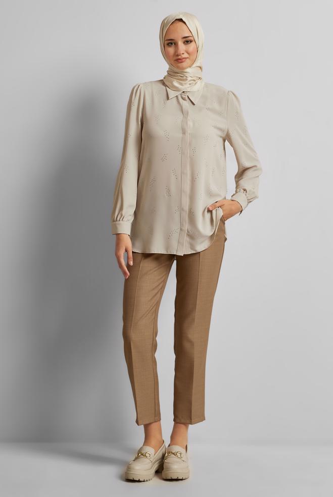 Tesettür giyim BEJ TAŞ BASKILI BLUZ 45721 - ALVİNA