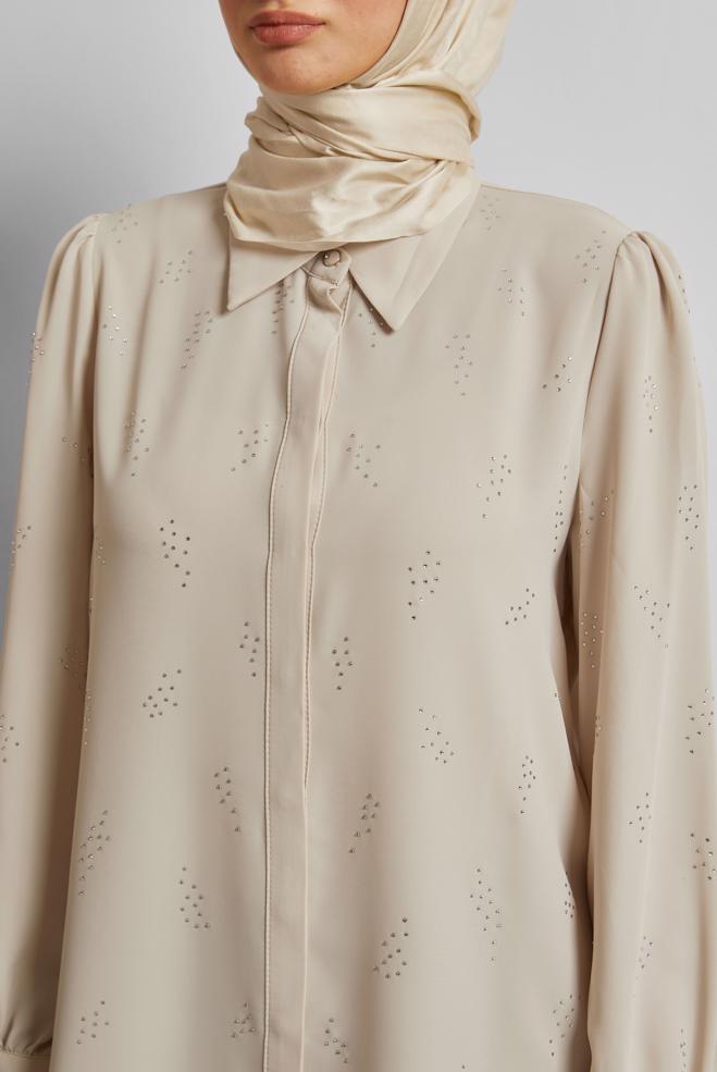 Tesettür giyim BEJ TAŞ BASKILI BLUZ 45721 - ALVİNA