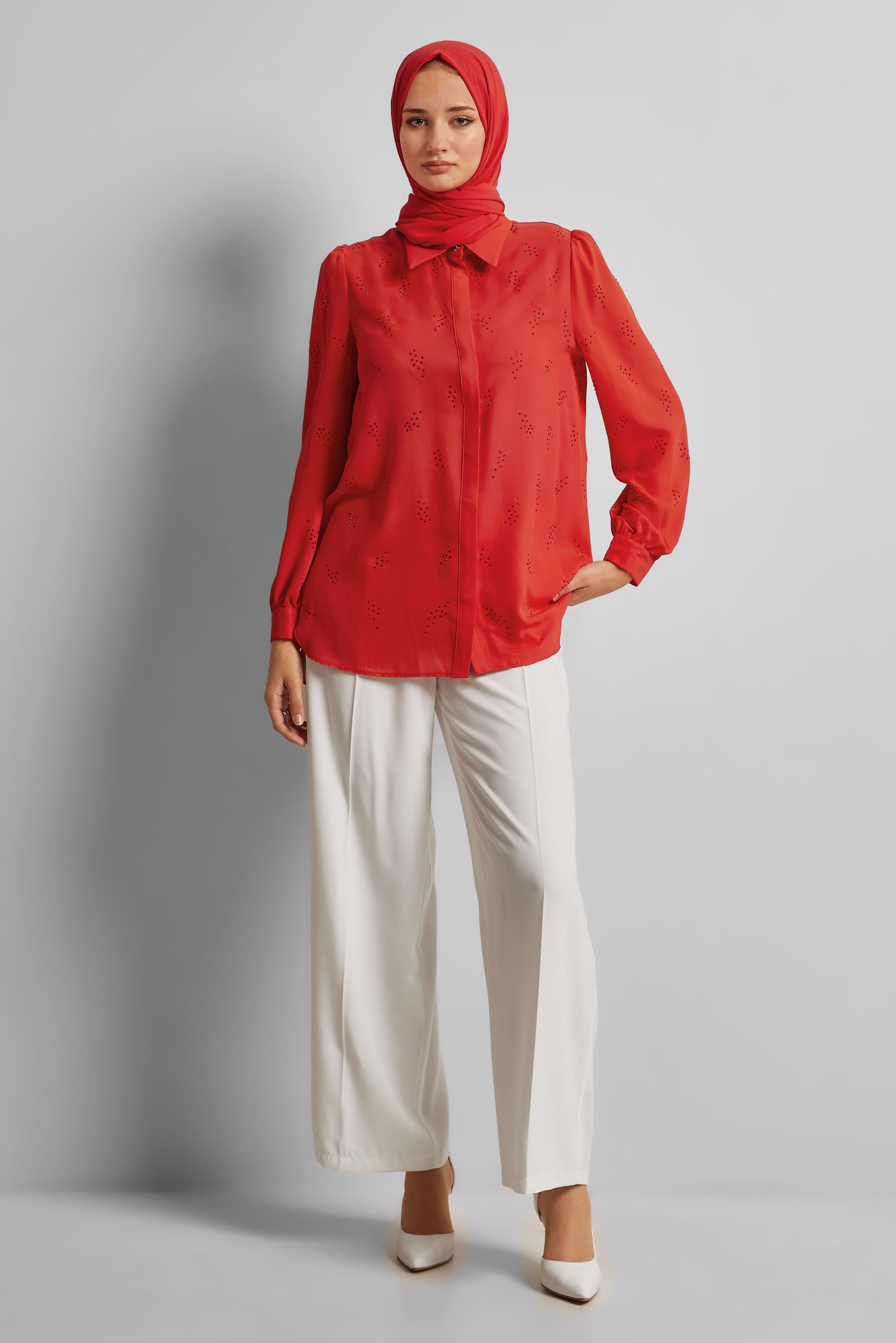 Tesettür giyim KIRMIZI TAŞ BASKILI BLUZ 45721
