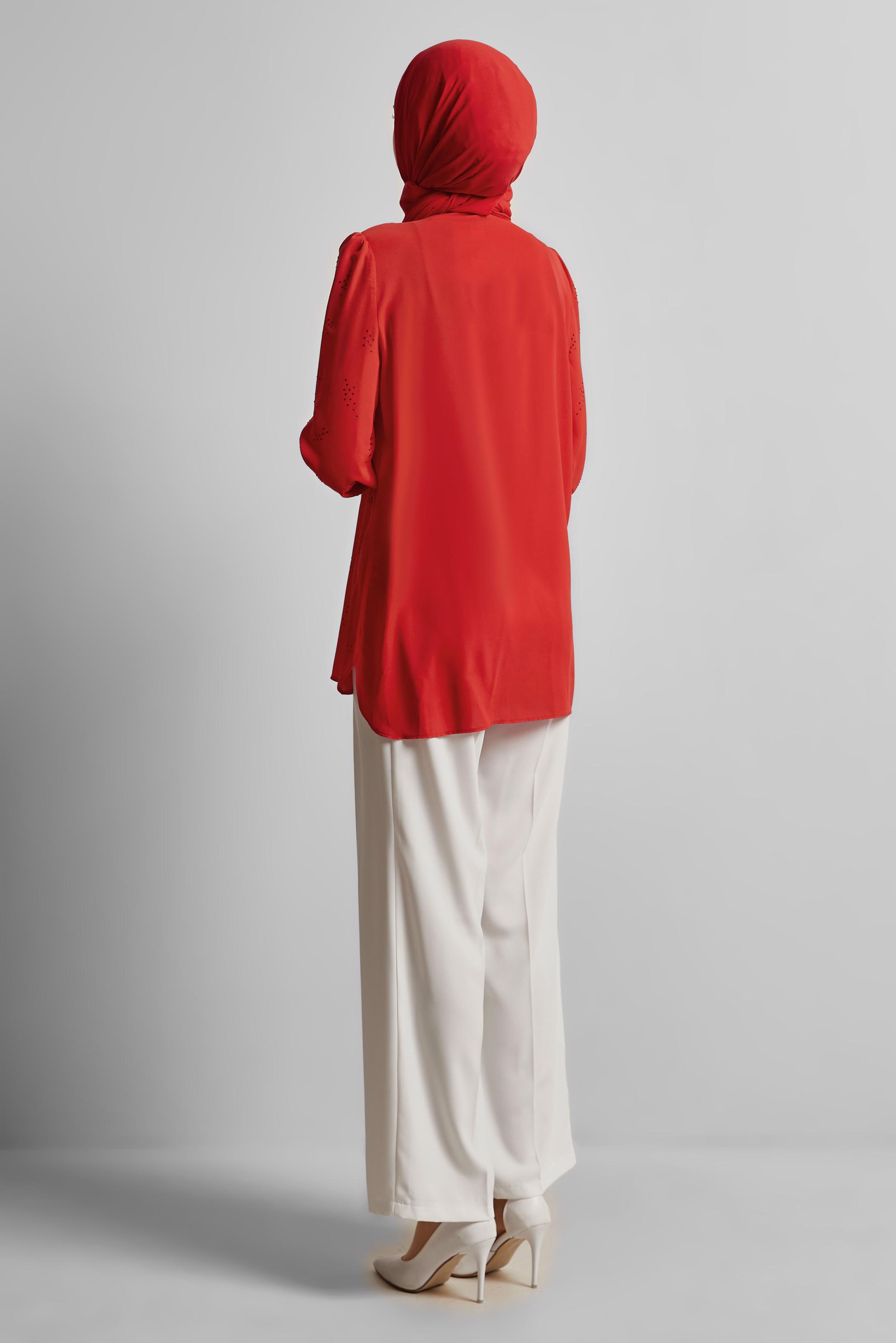 Tesettür giyim KIRMIZI TAŞ BASKILI BLUZ 45721