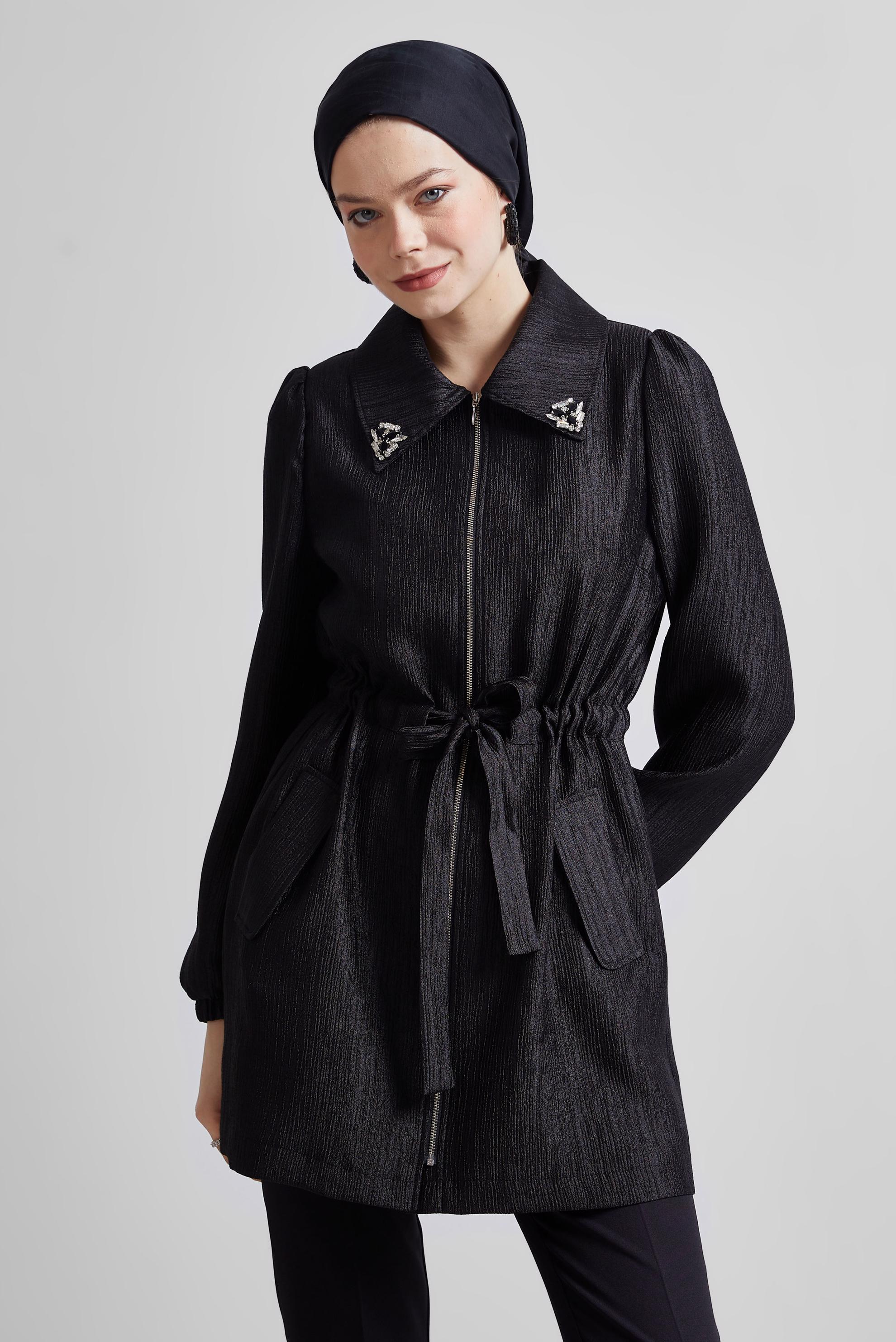 Tesettür giyim SİYAH JAKARLI TAŞLI GİY ÇIK 45392