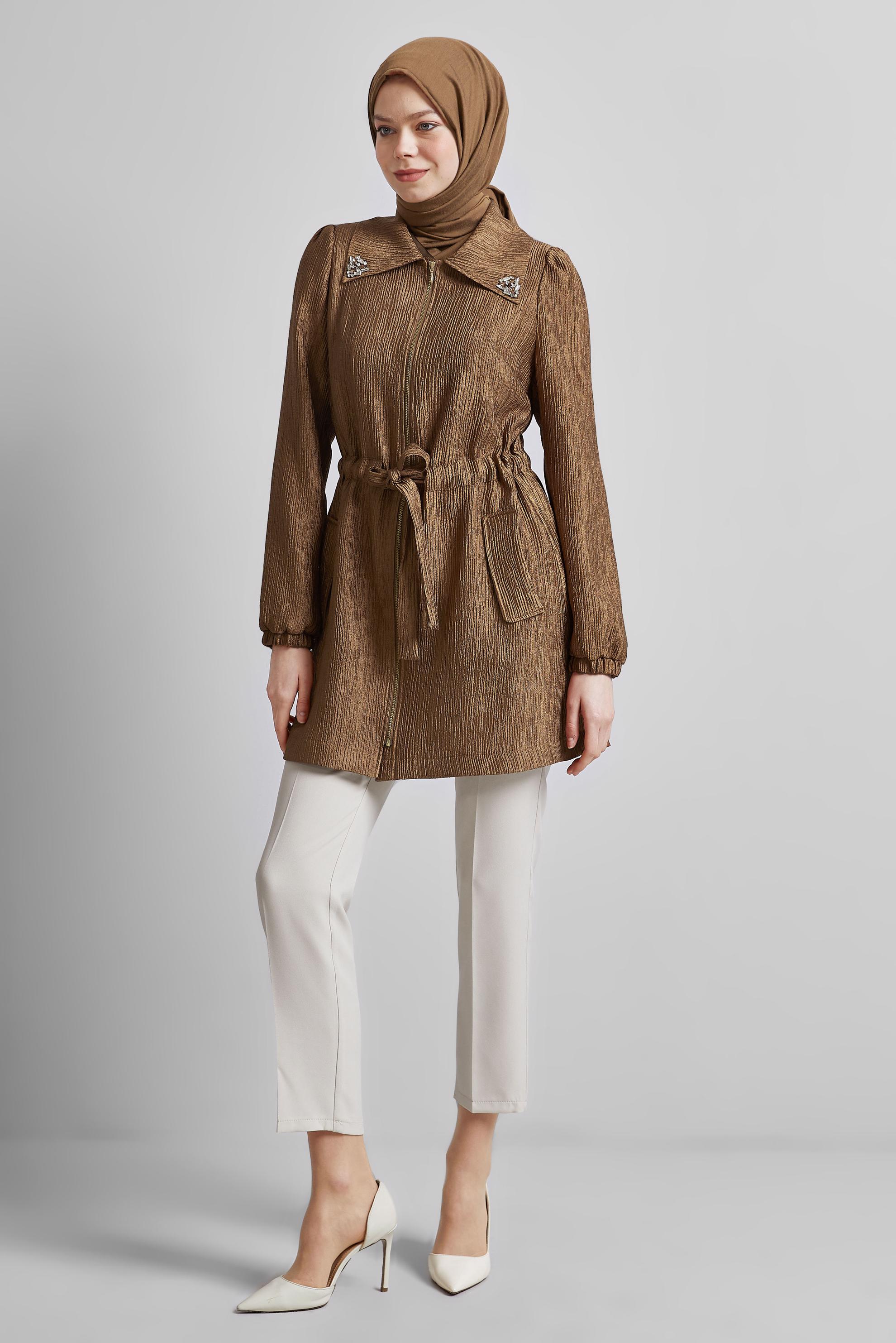 Tesettür giyim KAHVE JAKARLI TAŞLI GİY ÇIK 45392
