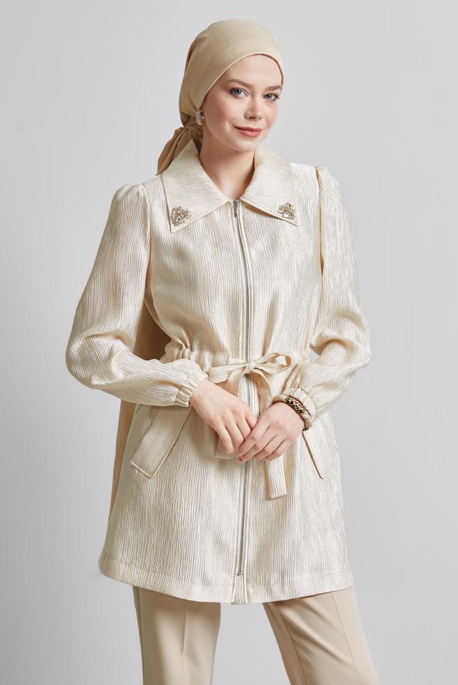 Vêtements hijab BEIGE VESTE JACQUARD 45392 - ALVİNA