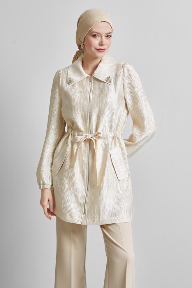 Vêtements hijab BEIGE VESTE JACQUARD 45392 - ALVİNA