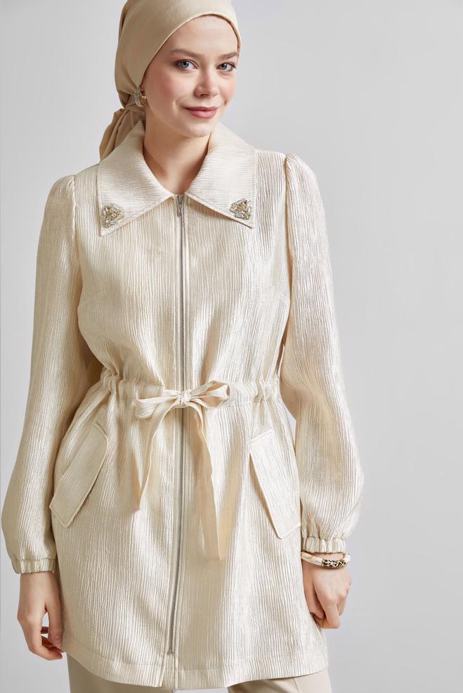 Vêtements hijab BEIGE VESTE JACQUARD 45392 - ALVİNA