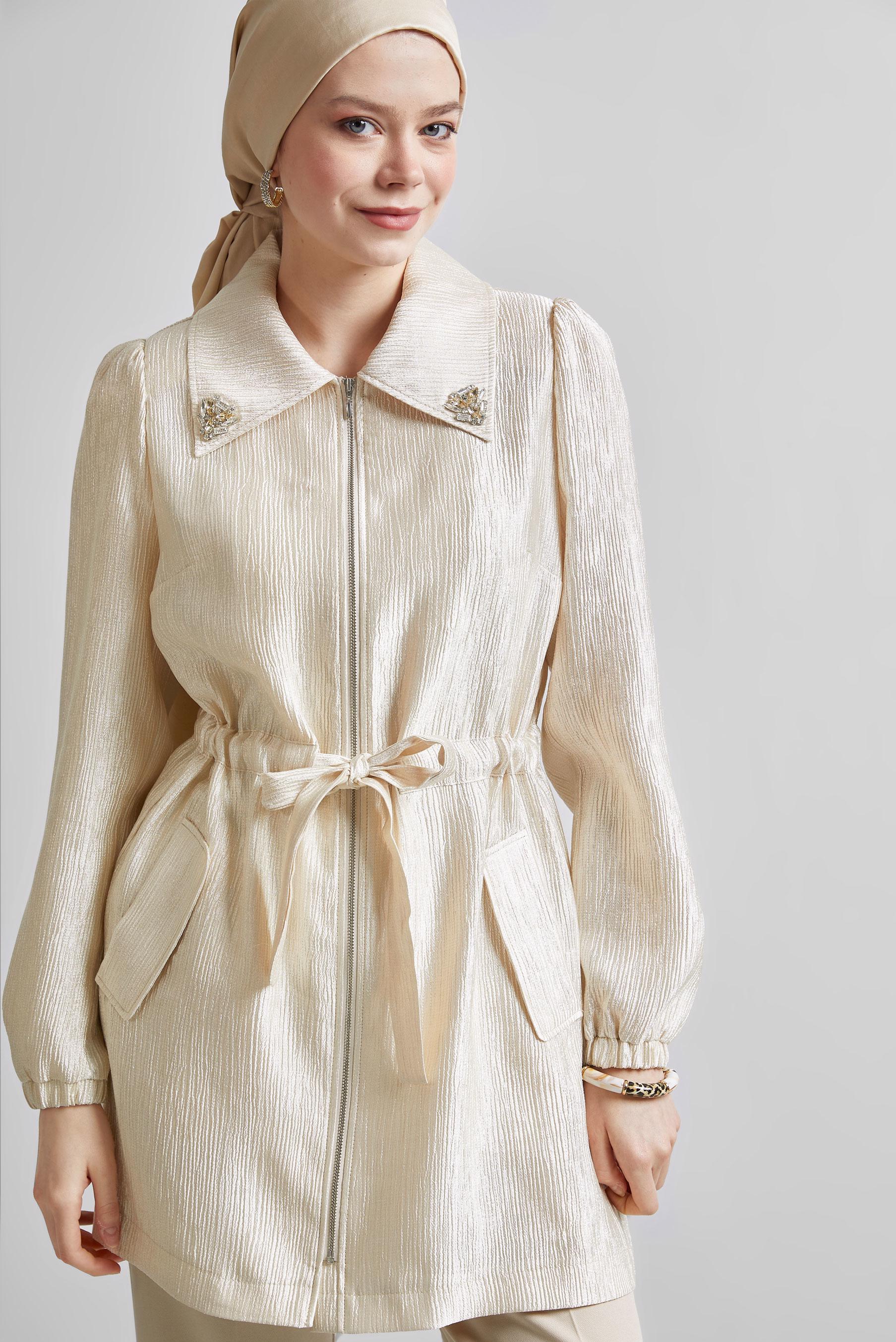 Tesettür giyim BEJ JAKARLI TAŞLI GİY ÇIK 45392