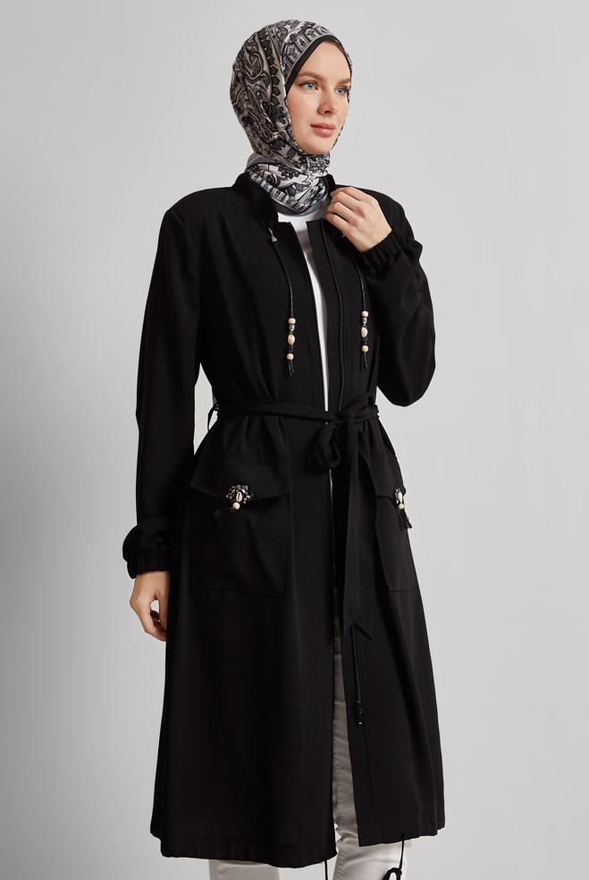 Hijab clothing BLACK BELTED JACKET 45393 - ALVİNA