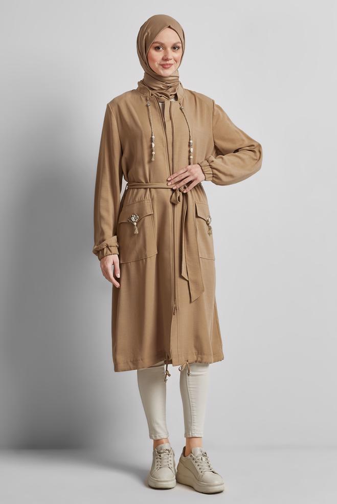 Hijab clothing BROWN BELTED JACKET 45393 - ALVİNA