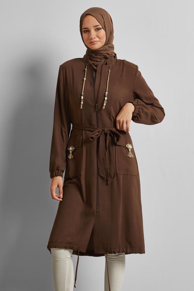 Hijab clothing BROWN BELTED JACKET 45393 - ALVİNA