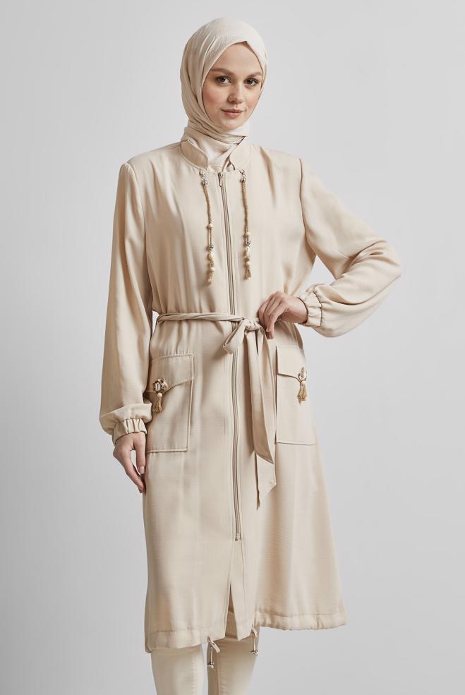 Hijab clothing BEIGE BELTED JACKET 45393 - ALVİNA