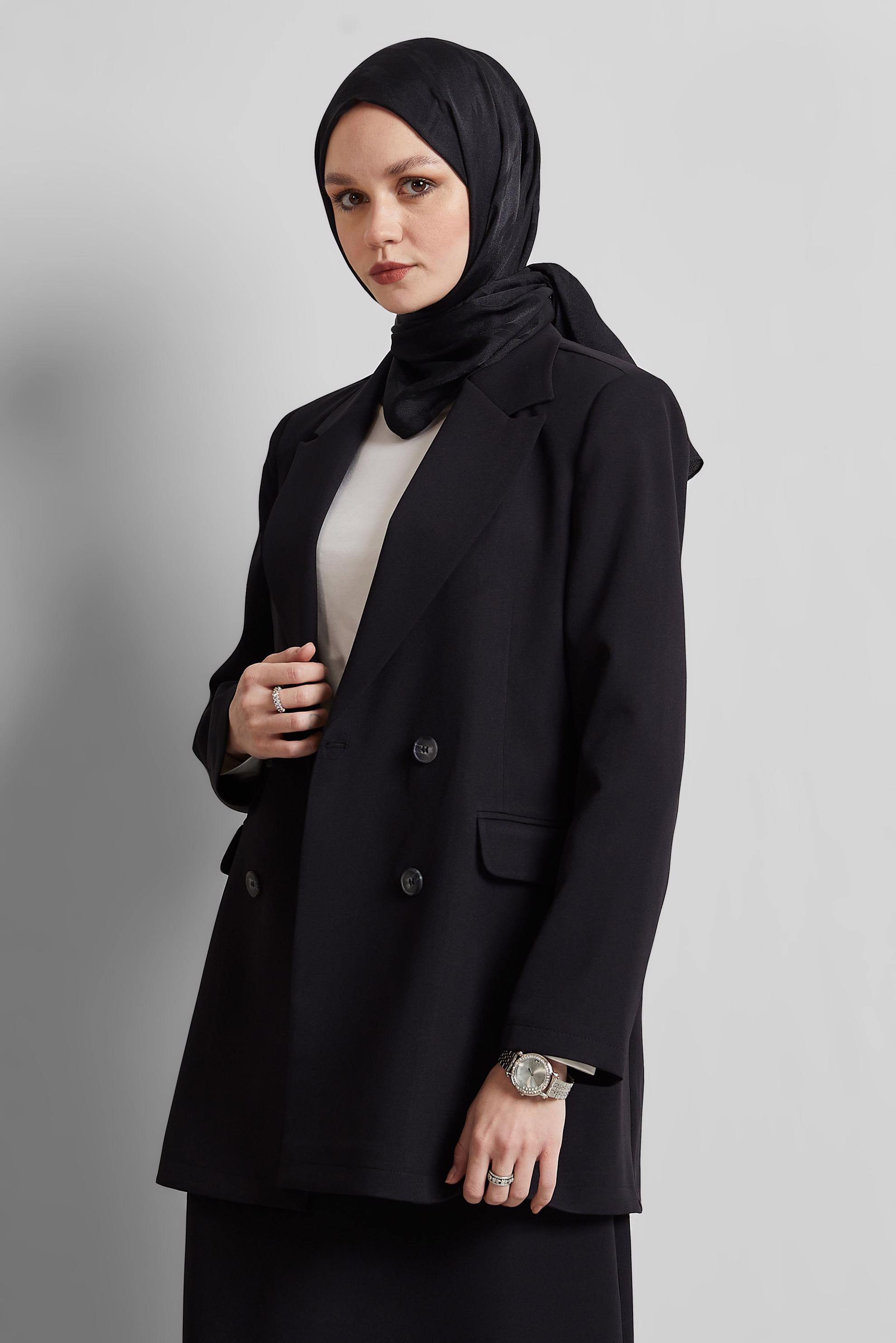 Tesettür giyim SİYAH KRUVAZE YAKA BLAZER CEKET 45436