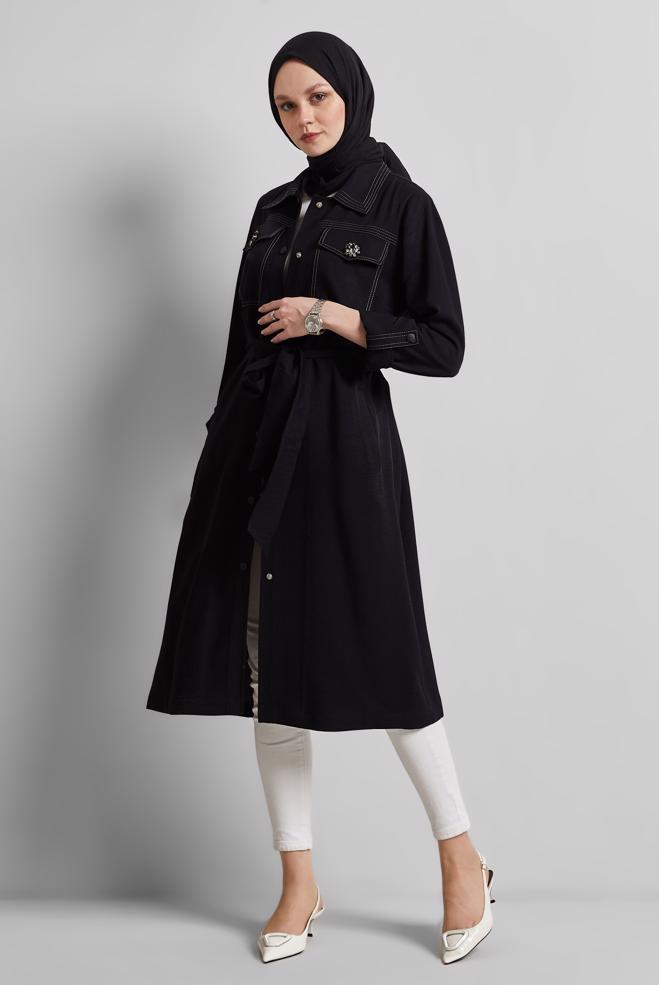 Vêtements hijab NOIR VESTE CEINTURÉE 45443 - ALVİNA