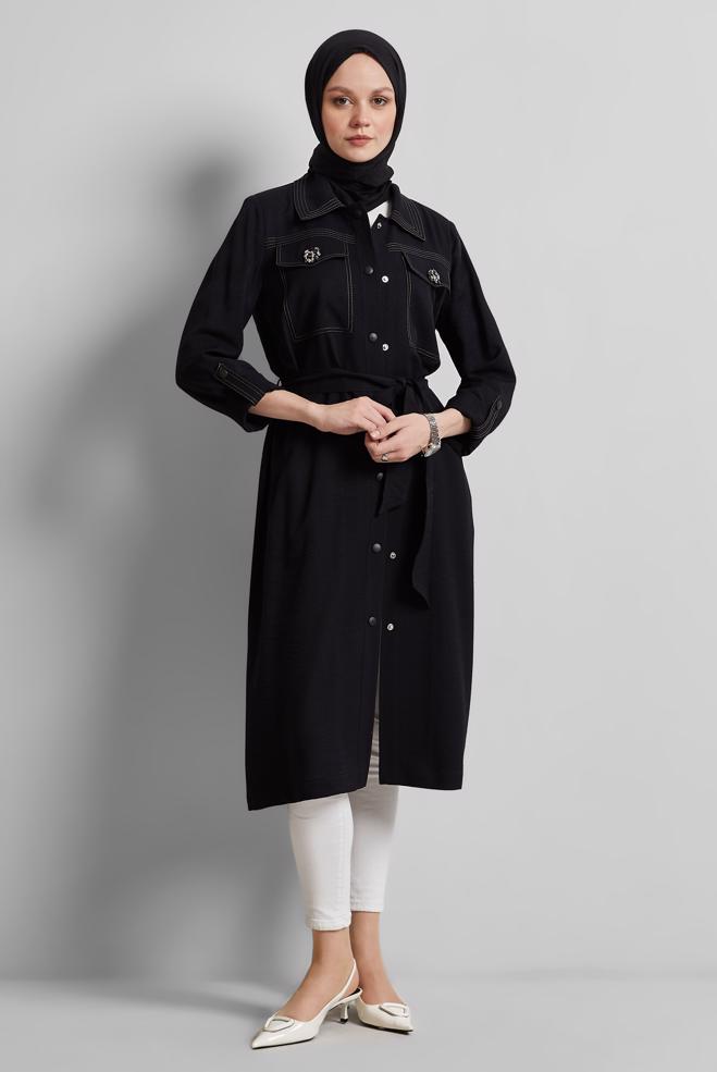 Vêtements hijab NOIR VESTE CEINTURÉE 45443 - ALVİNA