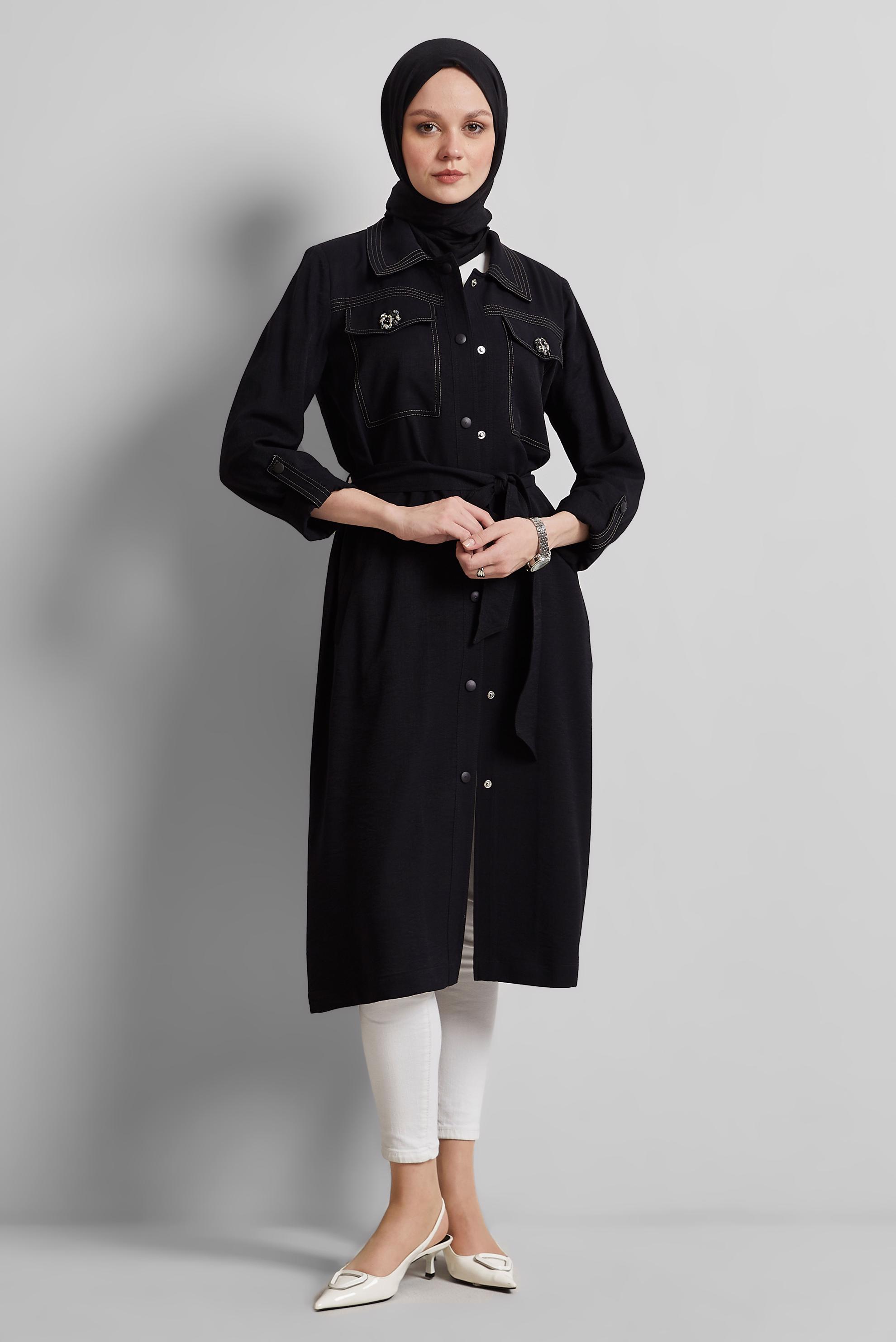 Tesettür giyim SİYAH KUŞAKLI GİY ÇIK 45443