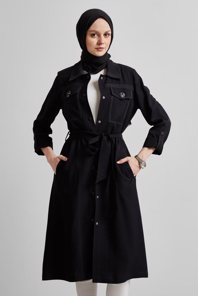 Vêtements hijab NOIR VESTE CEINTURÉE 45443 - ALVİNA
