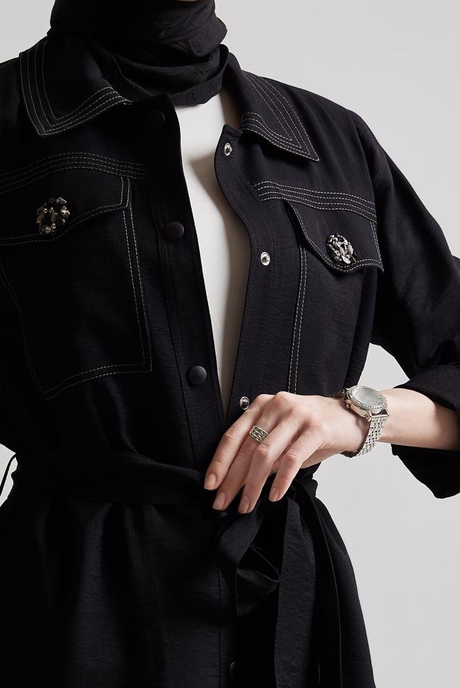 Vêtements hijab NOIR VESTE CEINTURÉE 45443 - ALVİNA