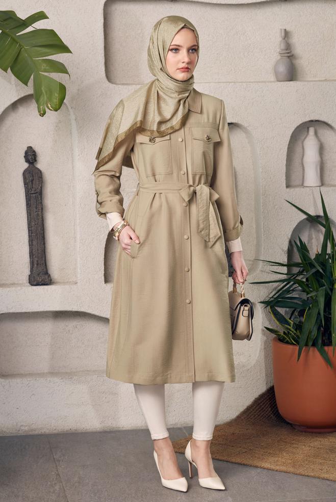 Hijab clothing BROWN BELTED JACKET 45443 - ALVİNA
