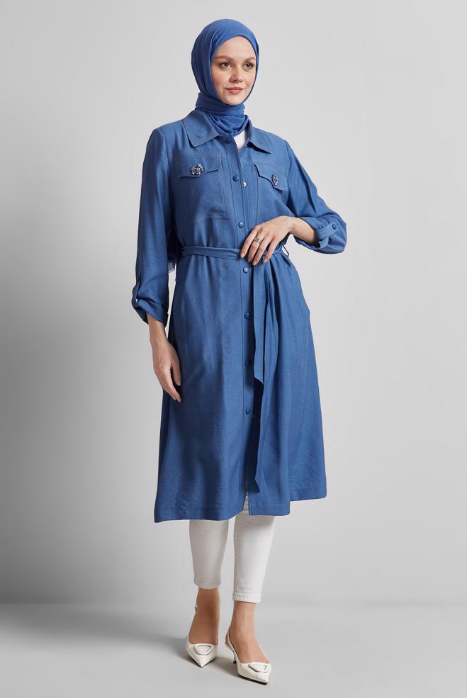 Hijab clothing NAVY BLUE BELTED JACKET 45443 - ALVİNA