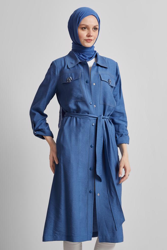 Hijab clothing NAVY BLUE BELTED JACKET 45443 - ALVİNA