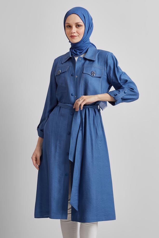 Hijab clothing NAVY BLUE BELTED JACKET 45443 - ALVİNA