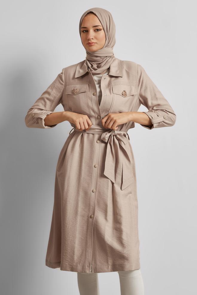 Hijab clothing SAND BELTED JACKET 45443 - ALVİNA