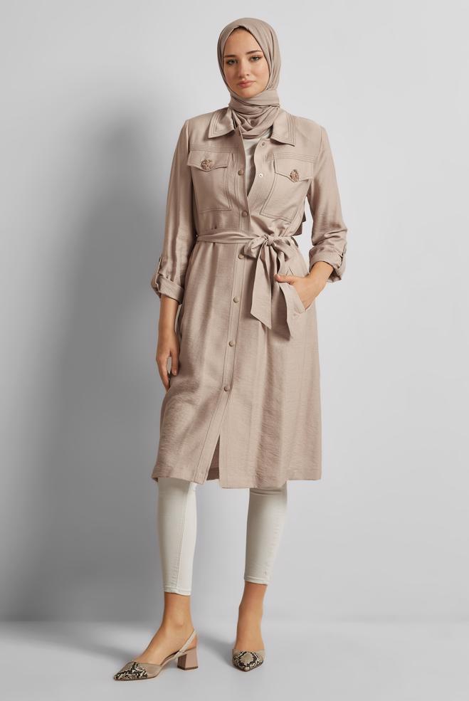 Hijab clothing SAND BELTED JACKET 45443 - ALVİNA