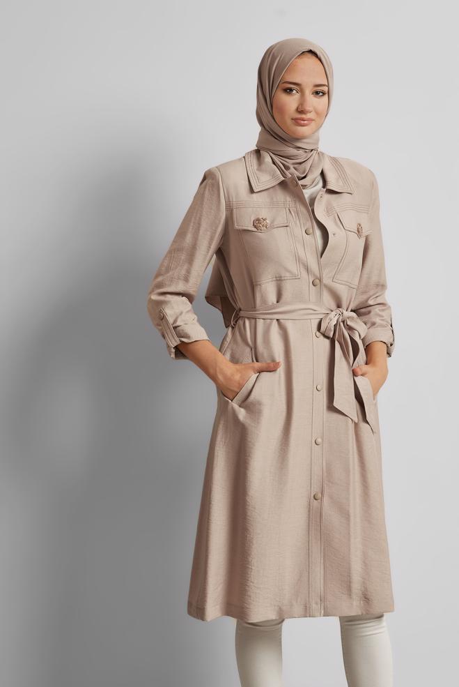 Hijab clothing SAND BELTED JACKET 45443 - ALVİNA