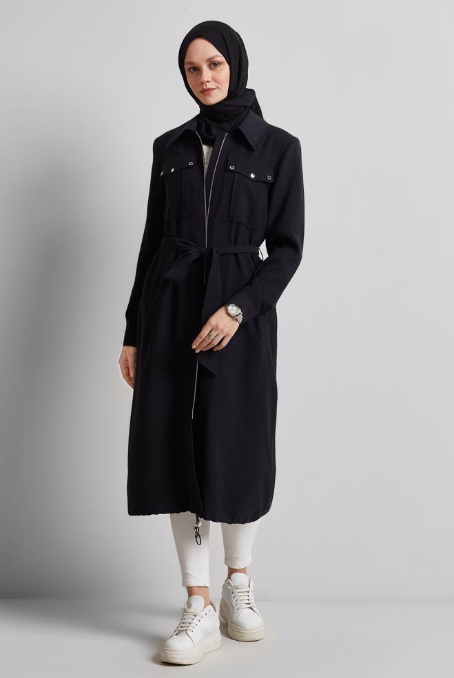 Hijab clothing BLACK BELTED JACKET 45444 - ALVİNA