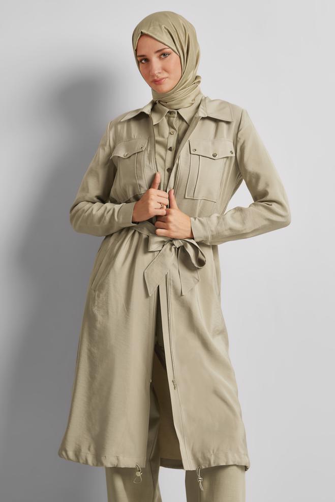 Hijab clothing BEIGE BELTED JACKET 45444 - ALVİNA