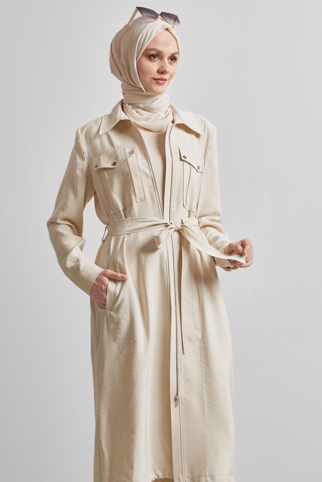 Hijab clothing BEIGE BELTED JACKET 45444 - ALVİNA