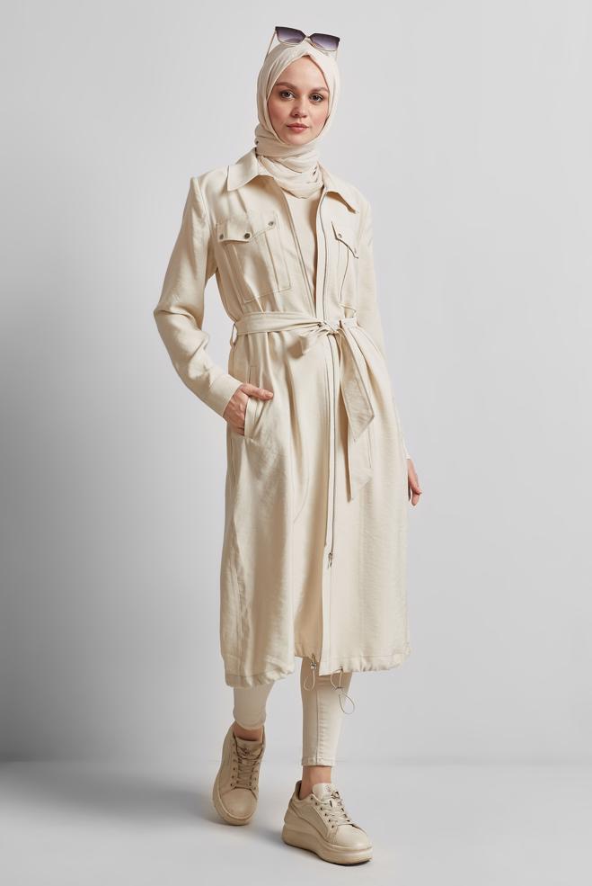 Hijab clothing BEIGE BELTED JACKET 45444 - ALVİNA