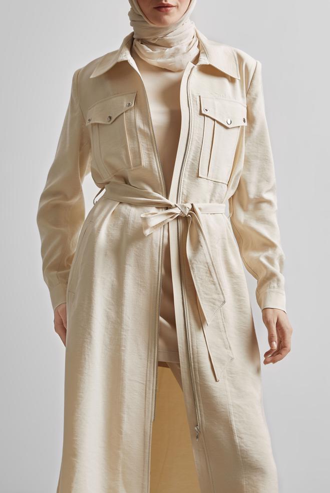 Hijab clothing BEIGE BELTED JACKET 45444 - ALVİNA