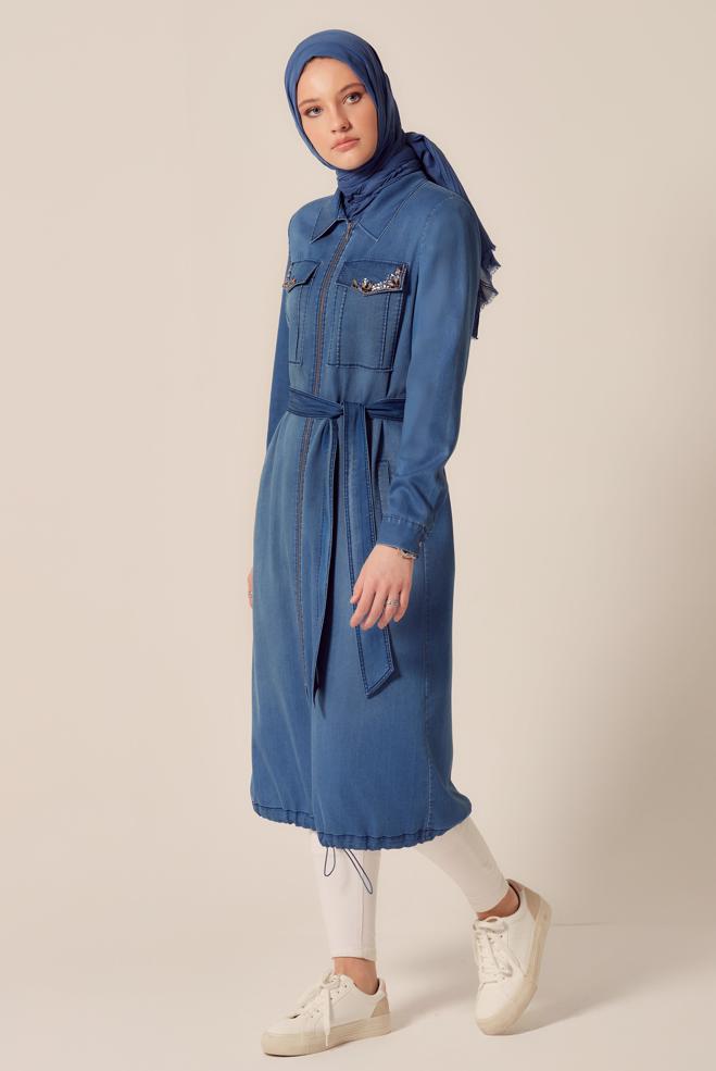 Hijab clothing BLUE BELTED DENIM JACKET 45476 - ALVİNA